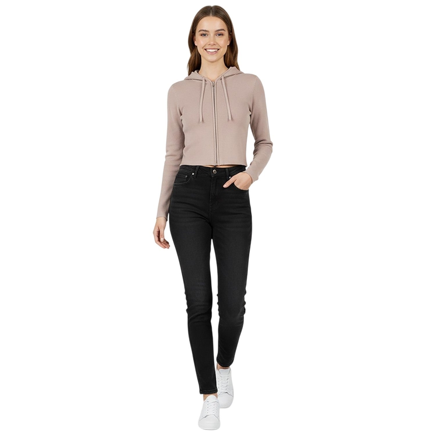 Taupe - Lifestyle - Jack Wills Womens-Ladies Knitted Cropped Full Zip Hoodie