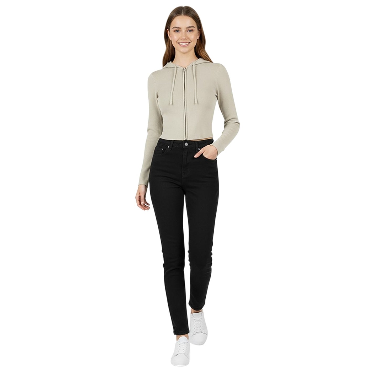Stone - Lifestyle - Jack Wills Womens-Ladies Knitted Cropped Full Zip Hoodie
