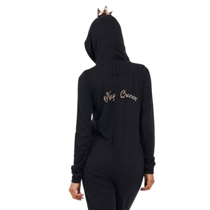 Black-Rose Gold - Back - Brave Soul Womens-Ladies Lettering Hooded Long-Sleeved All-In-One Nightwear