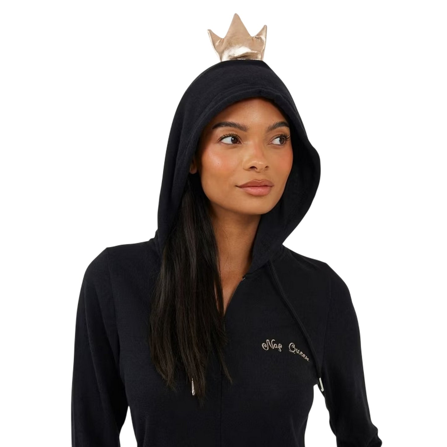 Black-Rose Gold - Side - Brave Soul Womens-Ladies Lettering Hooded Long-Sleeved All-In-One Nightwear
