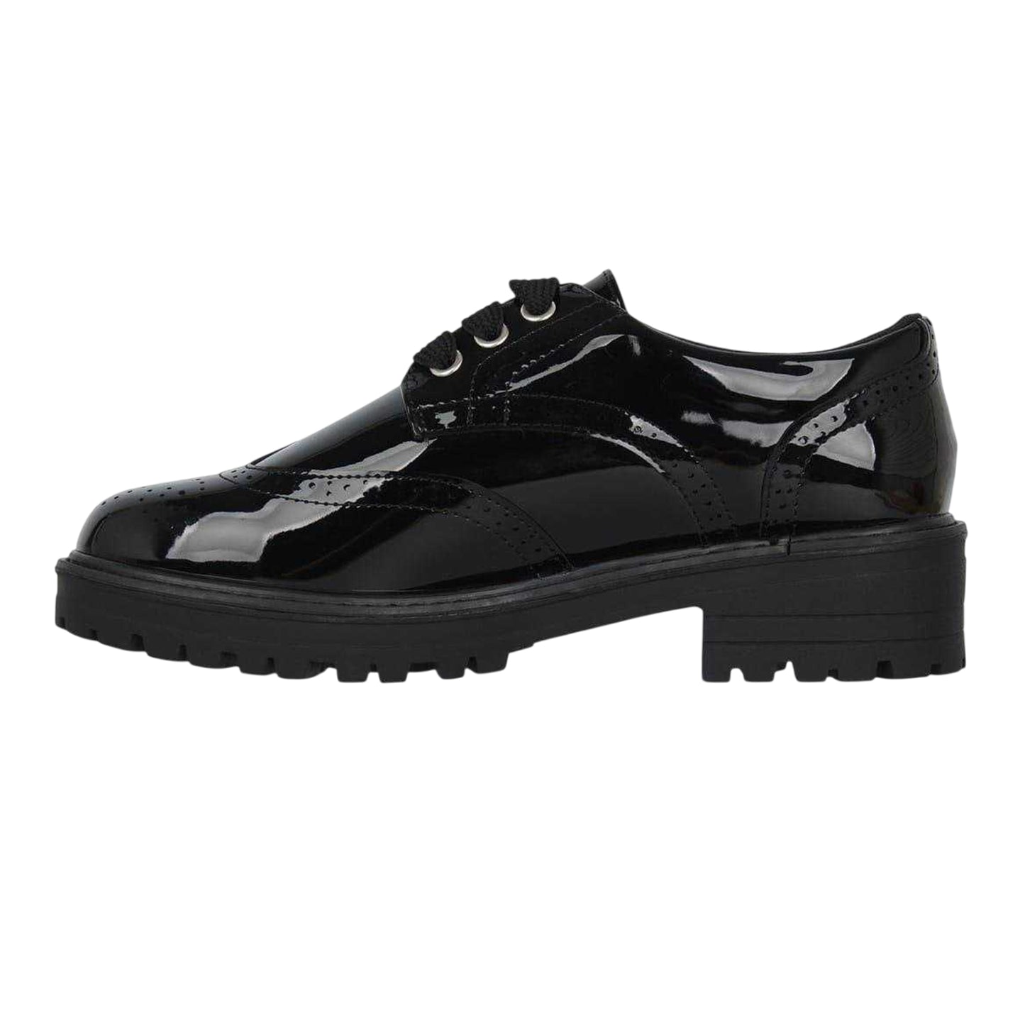 Black Patent - Side - Miso Girls Chunky Brogue Detailing Shoes