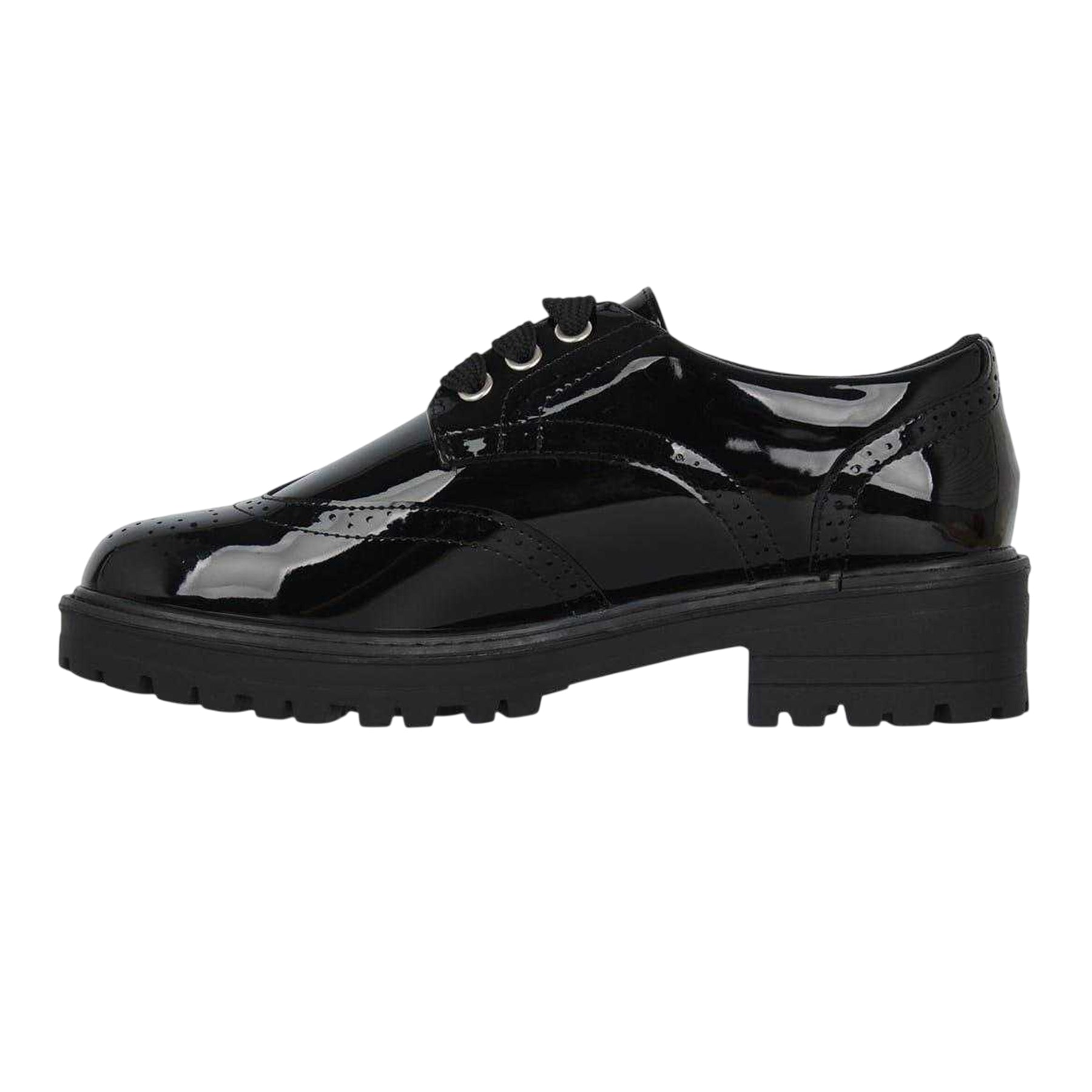 Black Patent - Side - Miso Girls Chunky Brogue Detailing Shoes
