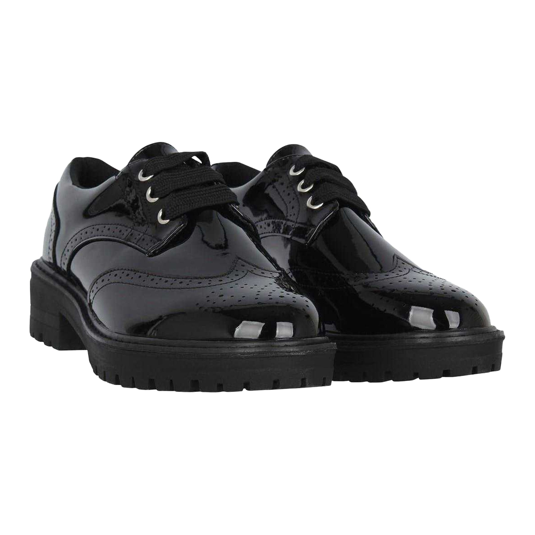 Black Patent - Pack Shot - Miso Girls Chunky Brogue Detailing Shoes