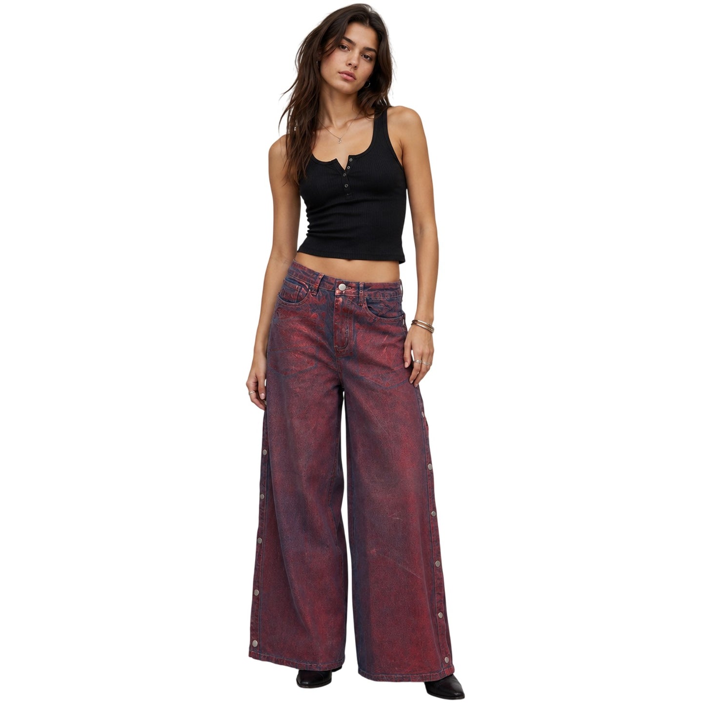 Red - Side - AmyLynn Womens-Ladies Foil Wren Wide Leg Trousers