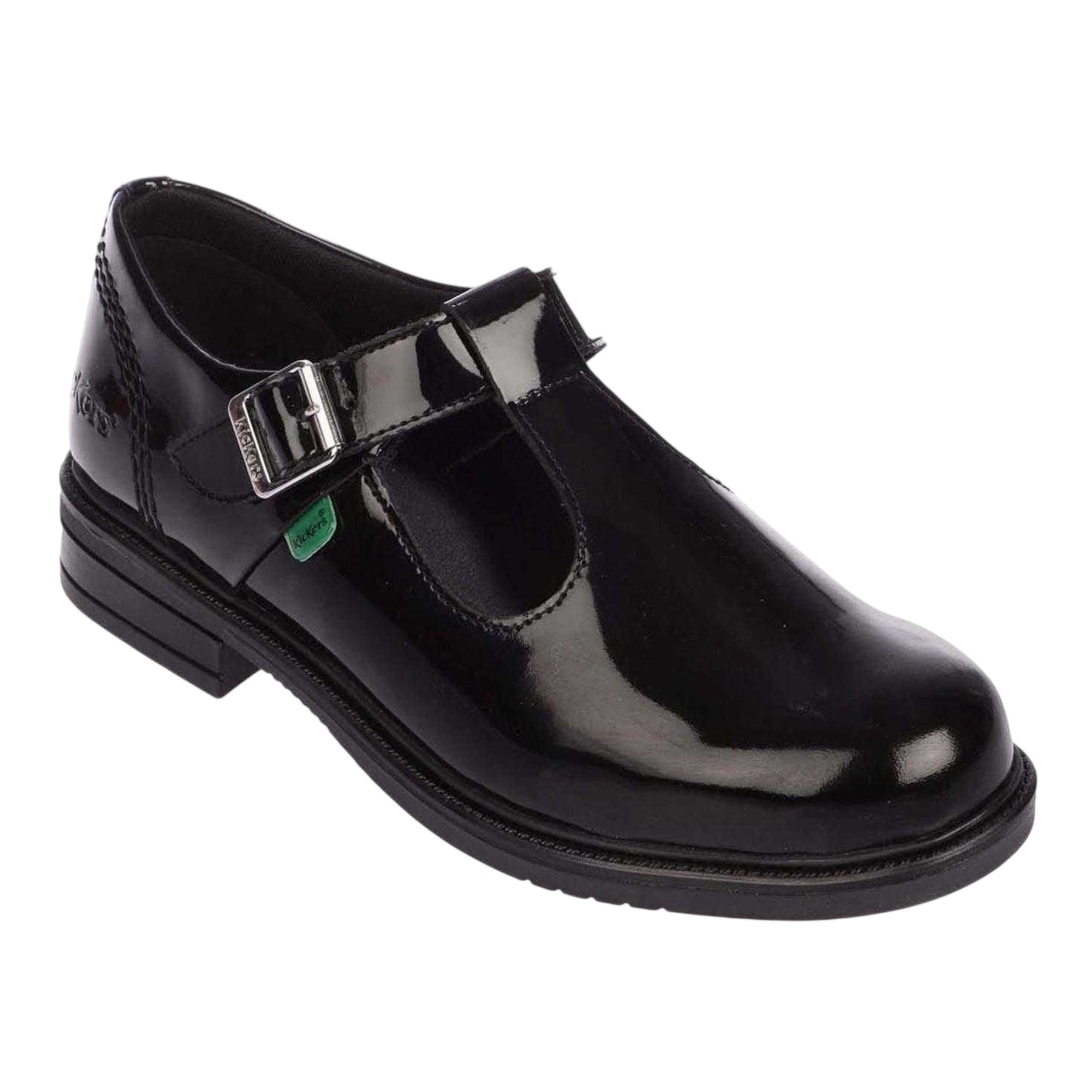 Black - Side - Kickers Girls Lach Patent Leather T-Bar Low Block Heel School Shoes