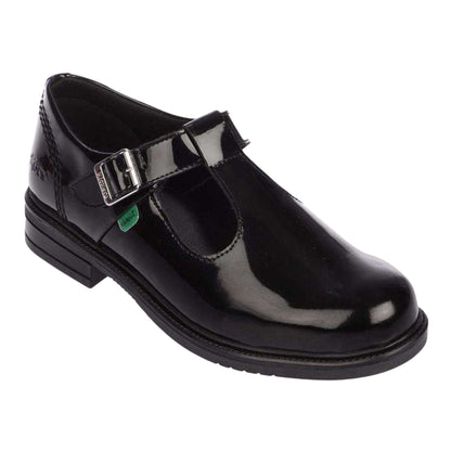 Black - Side - Kickers Girls Lach Patent Leather T-Bar Low Block Heel School Shoes