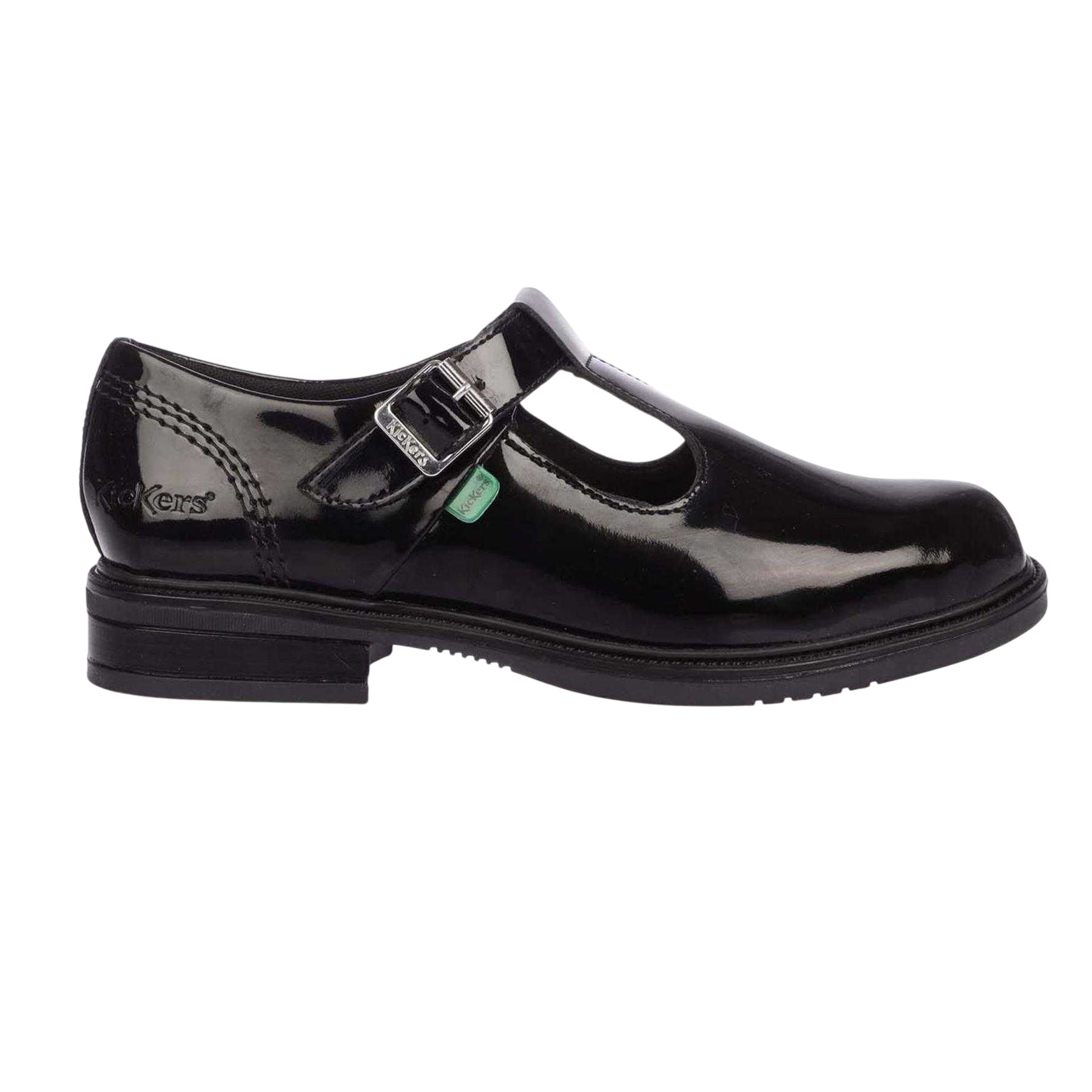 Black - Front - Kickers Girls Lach Patent Leather T-Bar Low Block Heel School Shoes