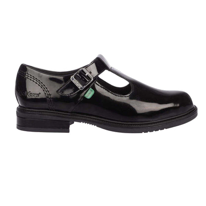 Black - Front - Kickers Girls Lach Patent Leather T-Bar Low Block Heel School Shoes