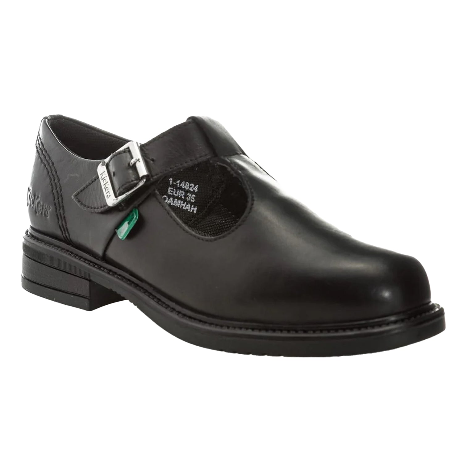 Black - Pack Shot - Kickers Girls Lach Leather T-Bar Low Block Heel School Shoes