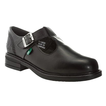 Black - Pack Shot - Kickers Girls Lach Leather T-Bar Low Block Heel School Shoes