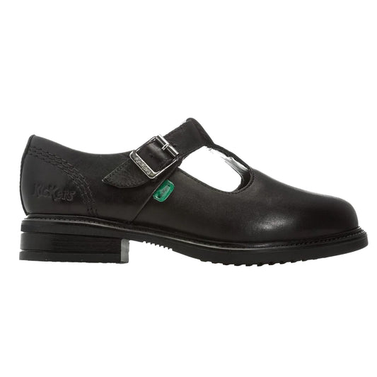 Black - Front - Kickers Girls Lach Leather T-Bar Low Block Heel School Shoes