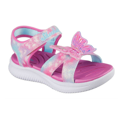 Pink-Blue-White - Pack Shot - Skechers Girls Butterfly Glitter Sandals