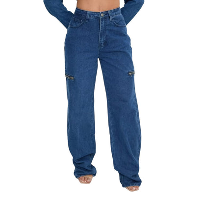 Mid Blue - Front - I Saw It First Womens-Ladies Denim Zip Wide Leg Jeans