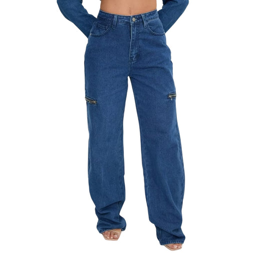 Mid Blue - Front - I Saw It First Womens-Ladies Denim Zip Wide Leg Jeans