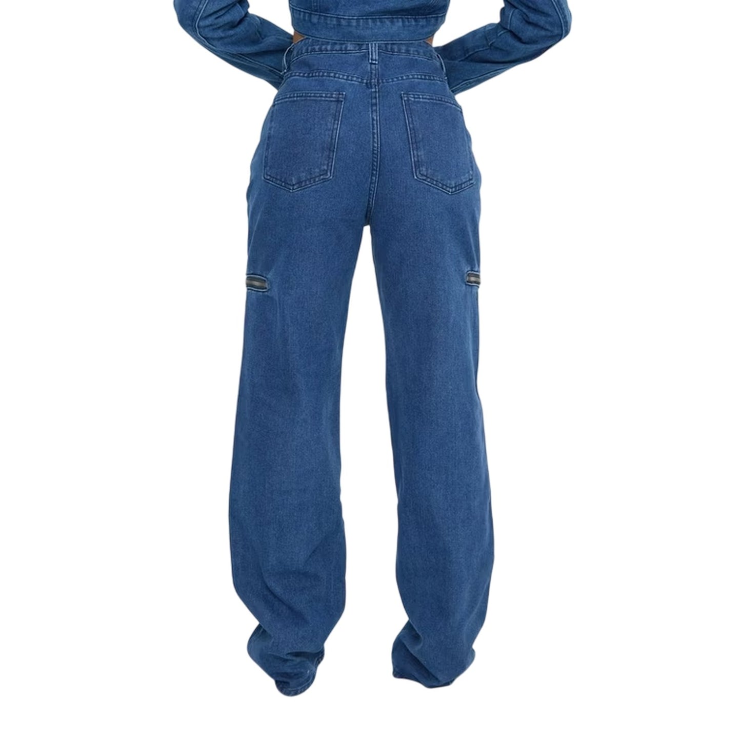 Mid Blue - Back - I Saw It First Womens-Ladies Denim Zip Wide Leg Jeans