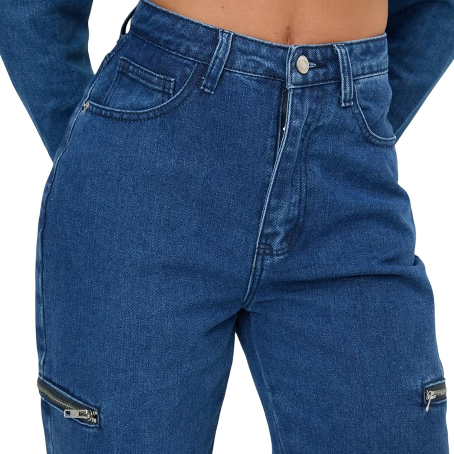 Mid Blue - Side - I Saw It First Womens-Ladies Denim Zip Wide Leg Jeans