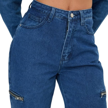 Mid Blue - Side - I Saw It First Womens-Ladies Denim Zip Wide Leg Jeans