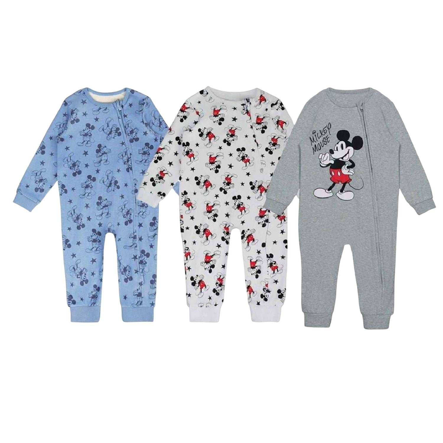 Blue-White-Grey - Front - Mickey Mouse Baby Sleepsuit (Pack of 3)