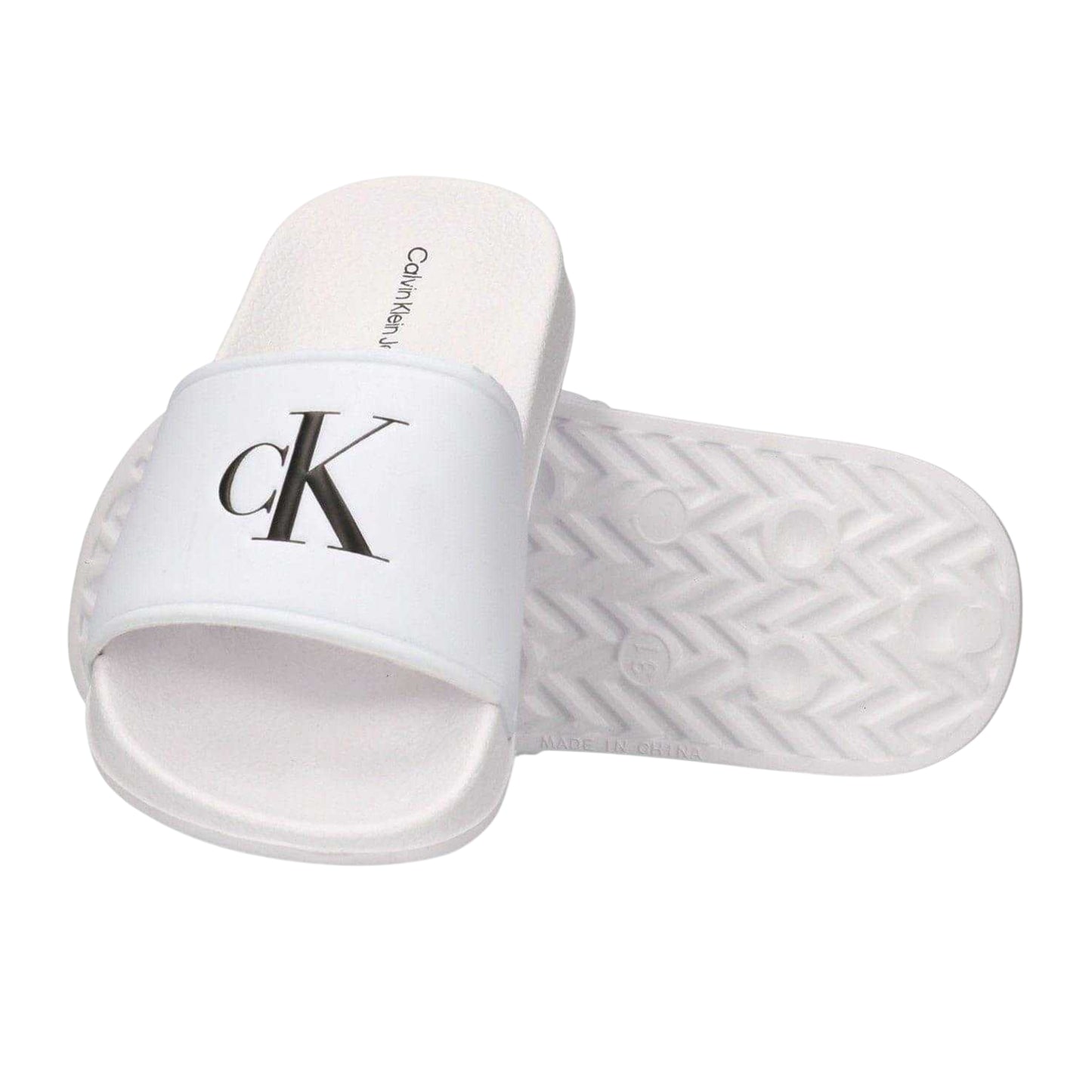 White - Side - Calvin Klein Childrens-Kids Leather Open Toe Flat Slides