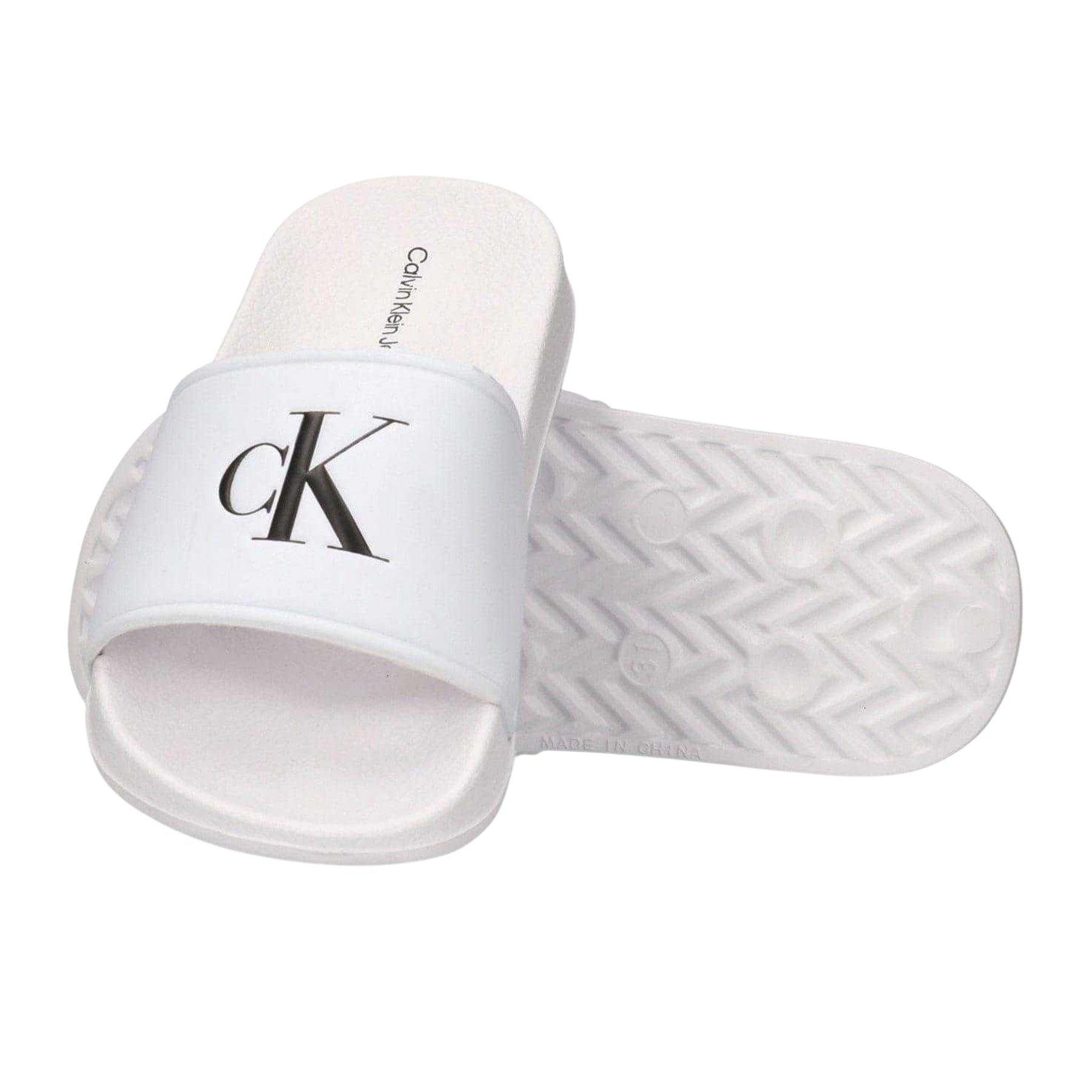 White - Side - Calvin Klein Childrens-Kids Leather Open Toe Flat Slides