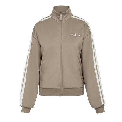 Light Brown - Front - USA Pro Womens-Ladies Striped Track Top