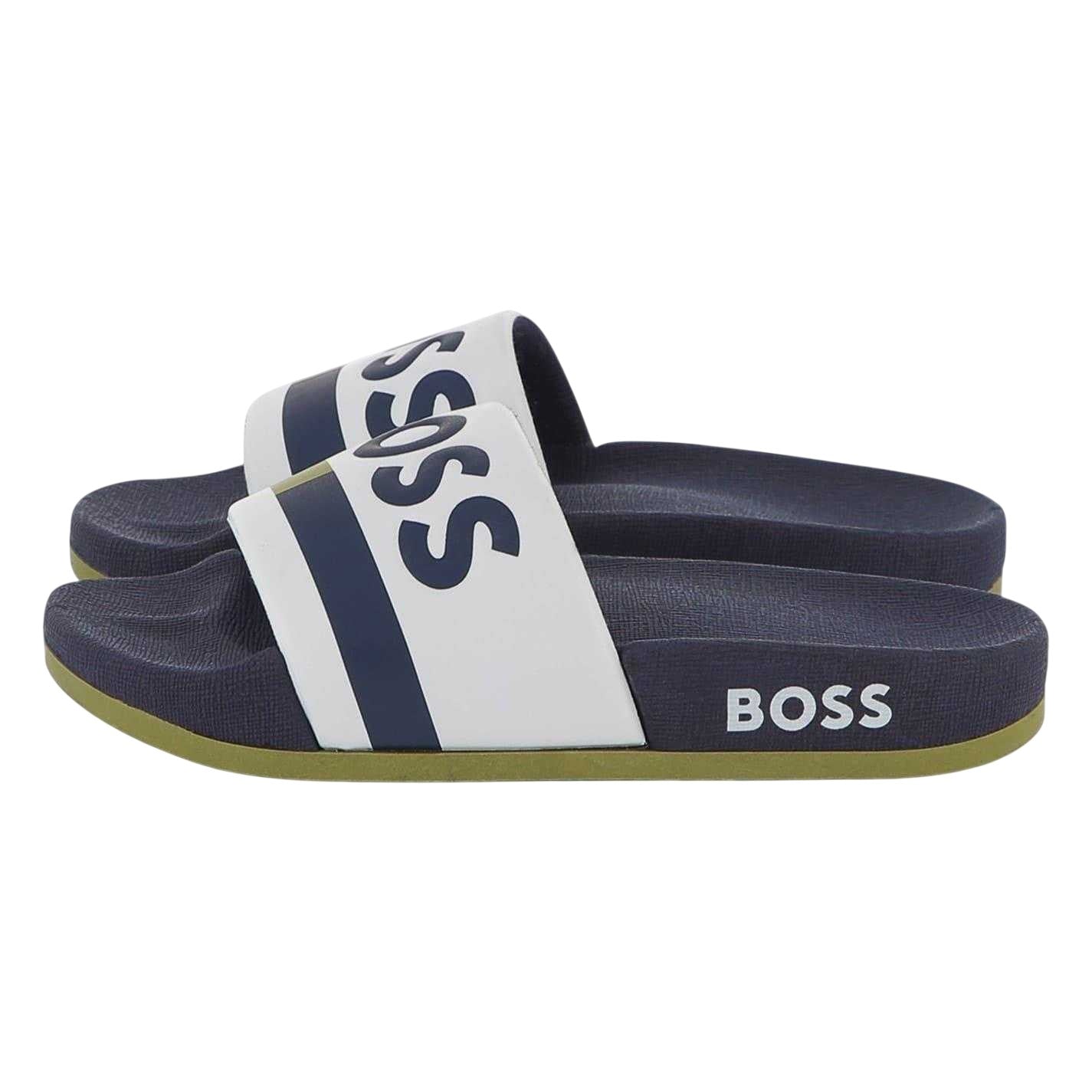 White - Side - Boss Mens Stripe Leather Slides