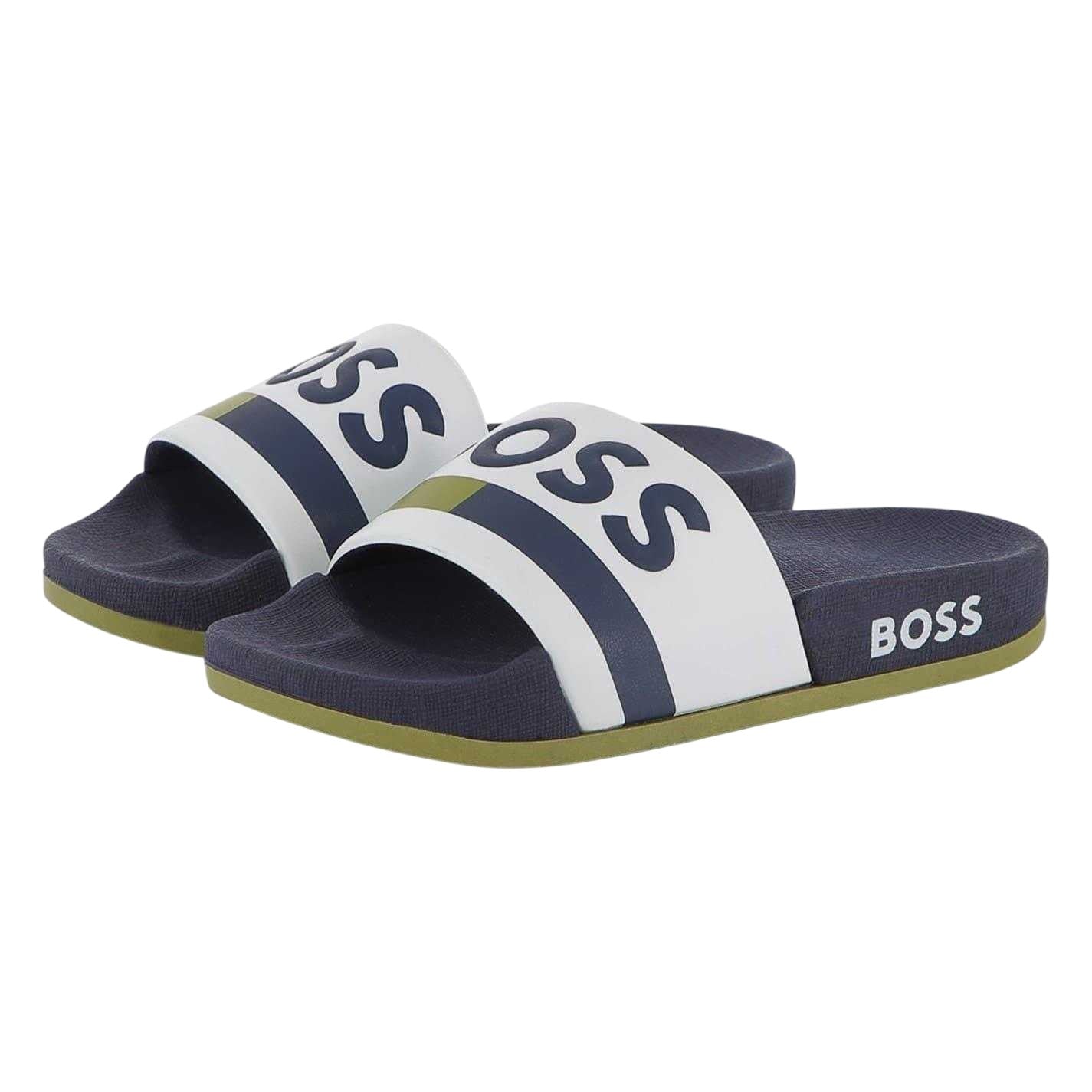 White - Lifestyle - Boss Mens Stripe Leather Slides