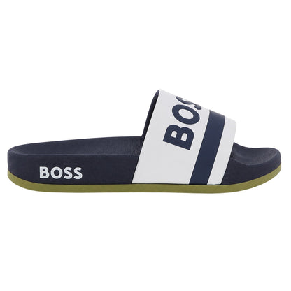White - Front - Boss Mens Stripe Leather Slides