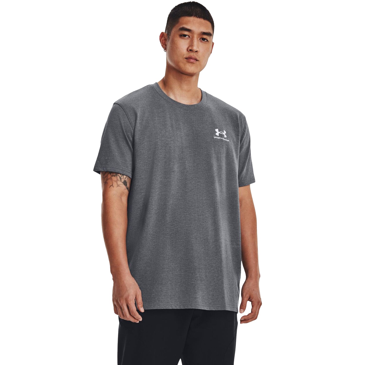 Grey - Side - Under Armour Mens Embroidered Logo Heavyweight T-Shirt