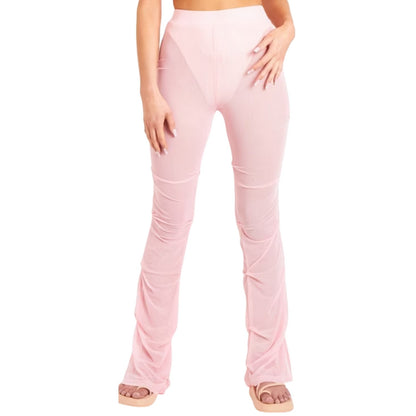 Pink - Side - Missy Empire Womens-Ladies Mesh Flared Trousers