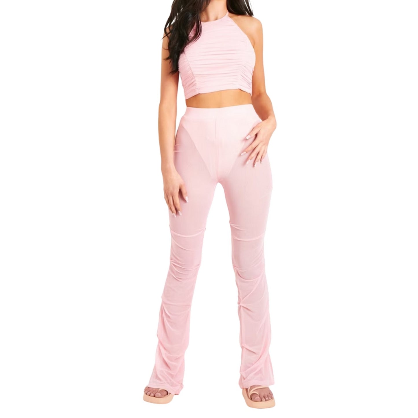 Pink - Lifestyle - Missy Empire Womens-Ladies Mesh Flared Trousers