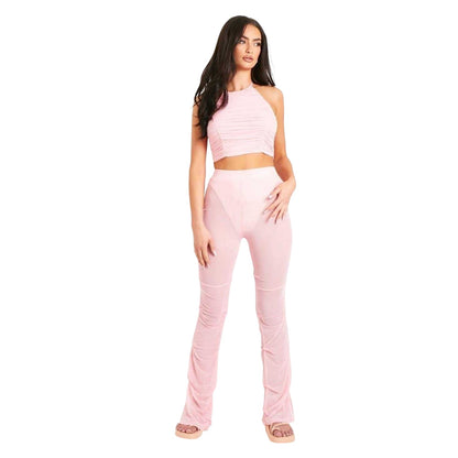 Pink - Front - Missy Empire Womens-Ladies Mesh Flared Trousers