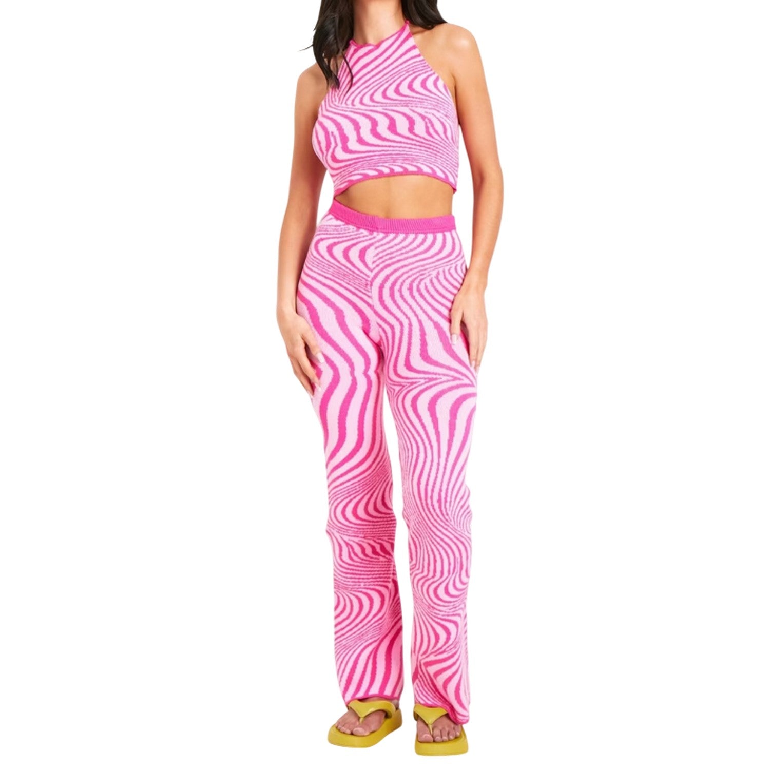 Pink - Side - Missy Empire Womens-Ladies Jacquard Swirl Print Flared Trousers