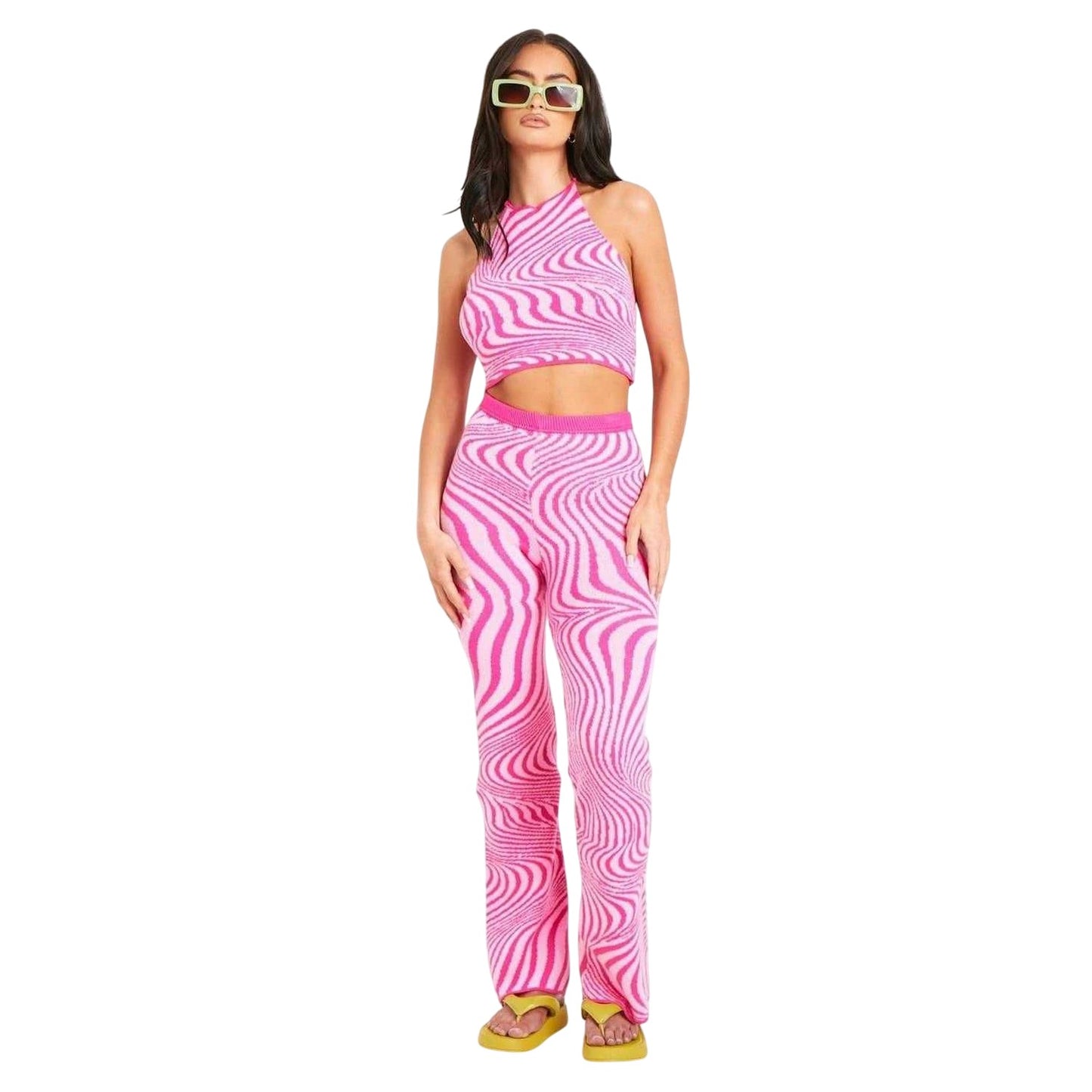 Pink - Front - Missy Empire Womens-Ladies Jacquard Swirl Print Flared Trousers