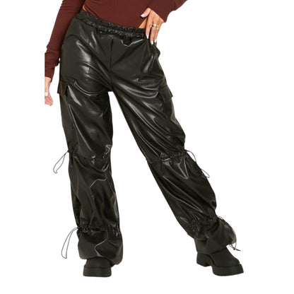 Black - Back - Missy Empire Womens-Ladies Toggle Cargo Trousers