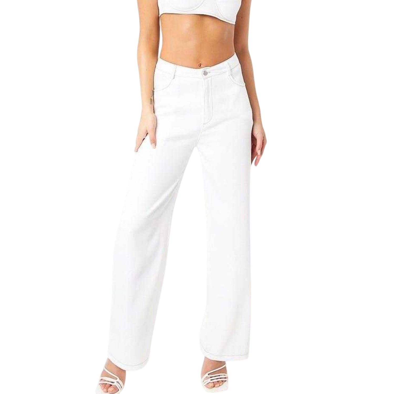 White - Front - Missy Empire Womens-Ladies Straight Leg Trousers