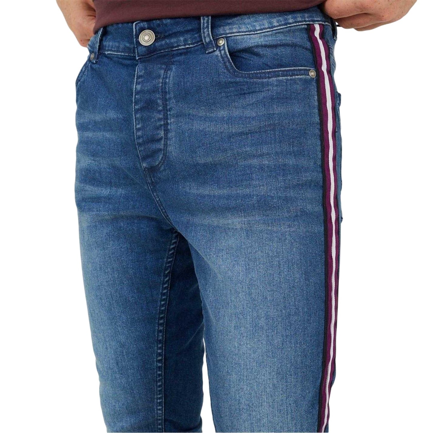Light Blue - Side - Brave Soul Mens Contrast Striped Taped Jeans