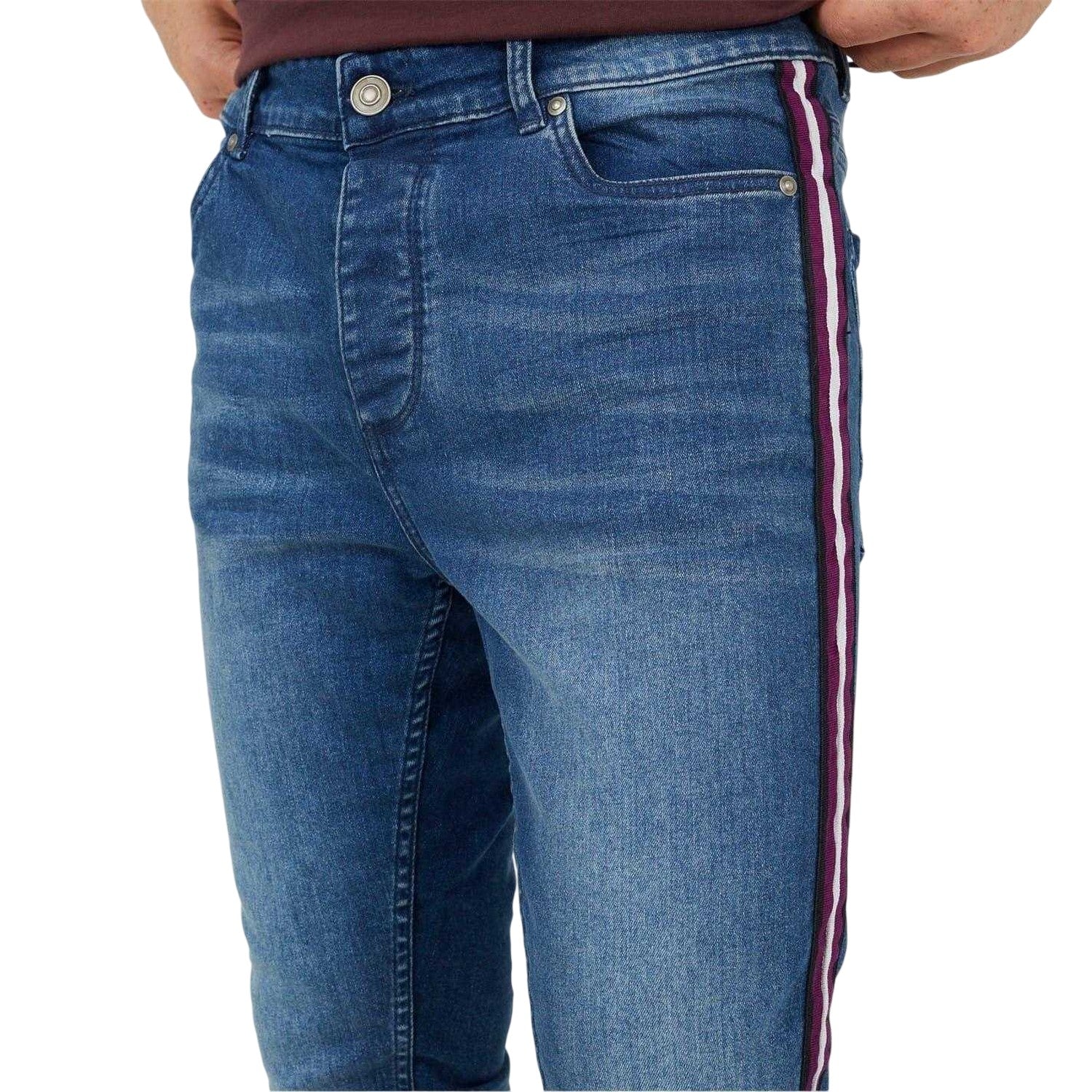 Light Blue - Side - Brave Soul Mens Contrast Striped Taped Jeans