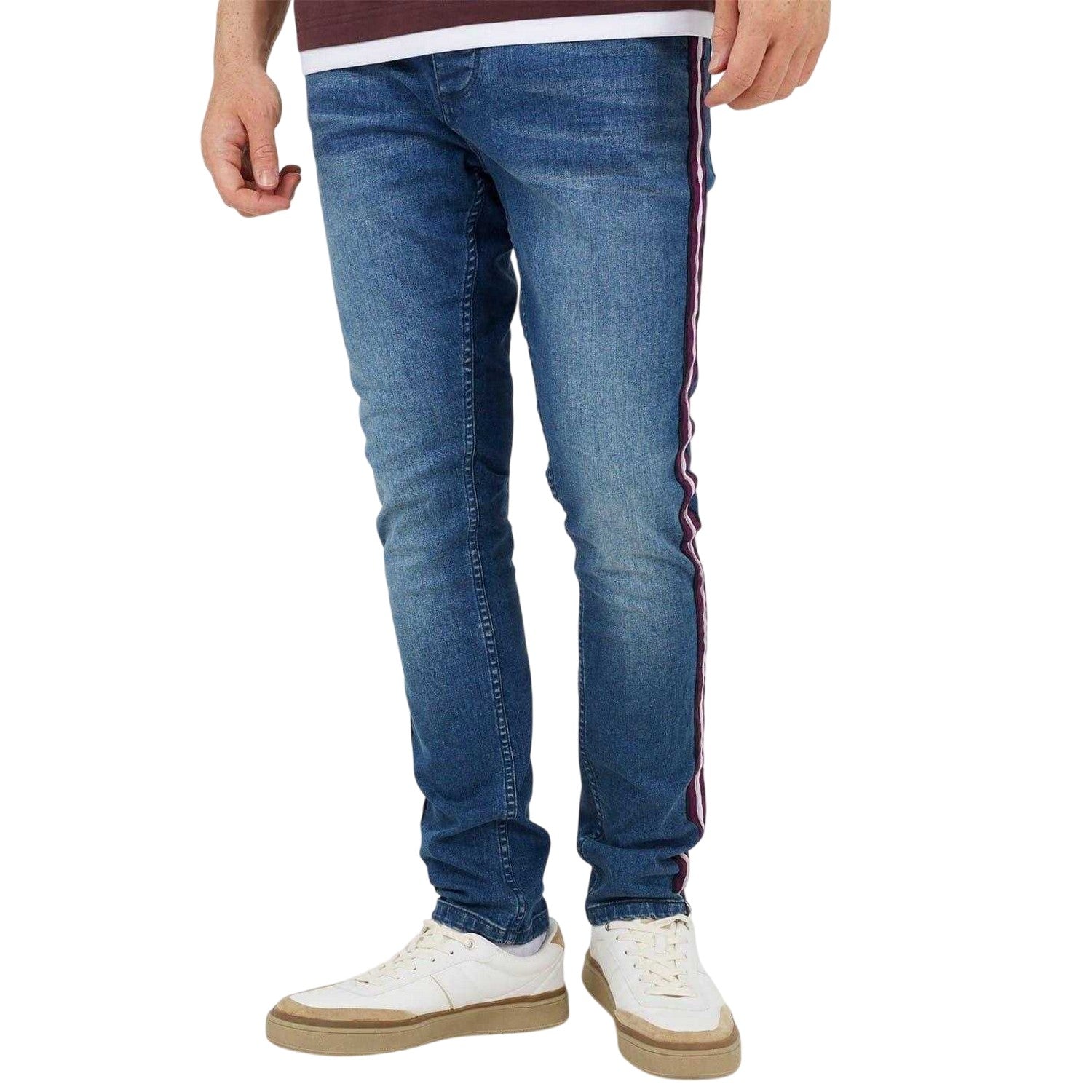 Light Blue - Front - Brave Soul Mens Contrast Striped Taped Jeans