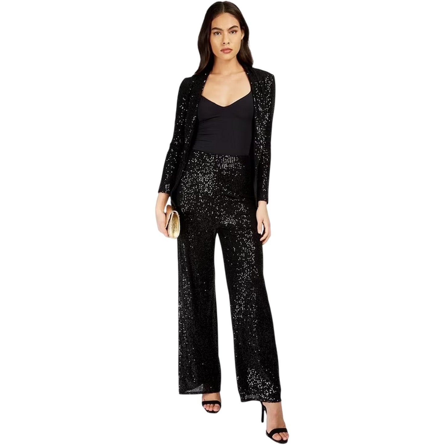 Black - Side - Little Mistress Womens-Ladies Synthetic Leather Sequin Party Trousers