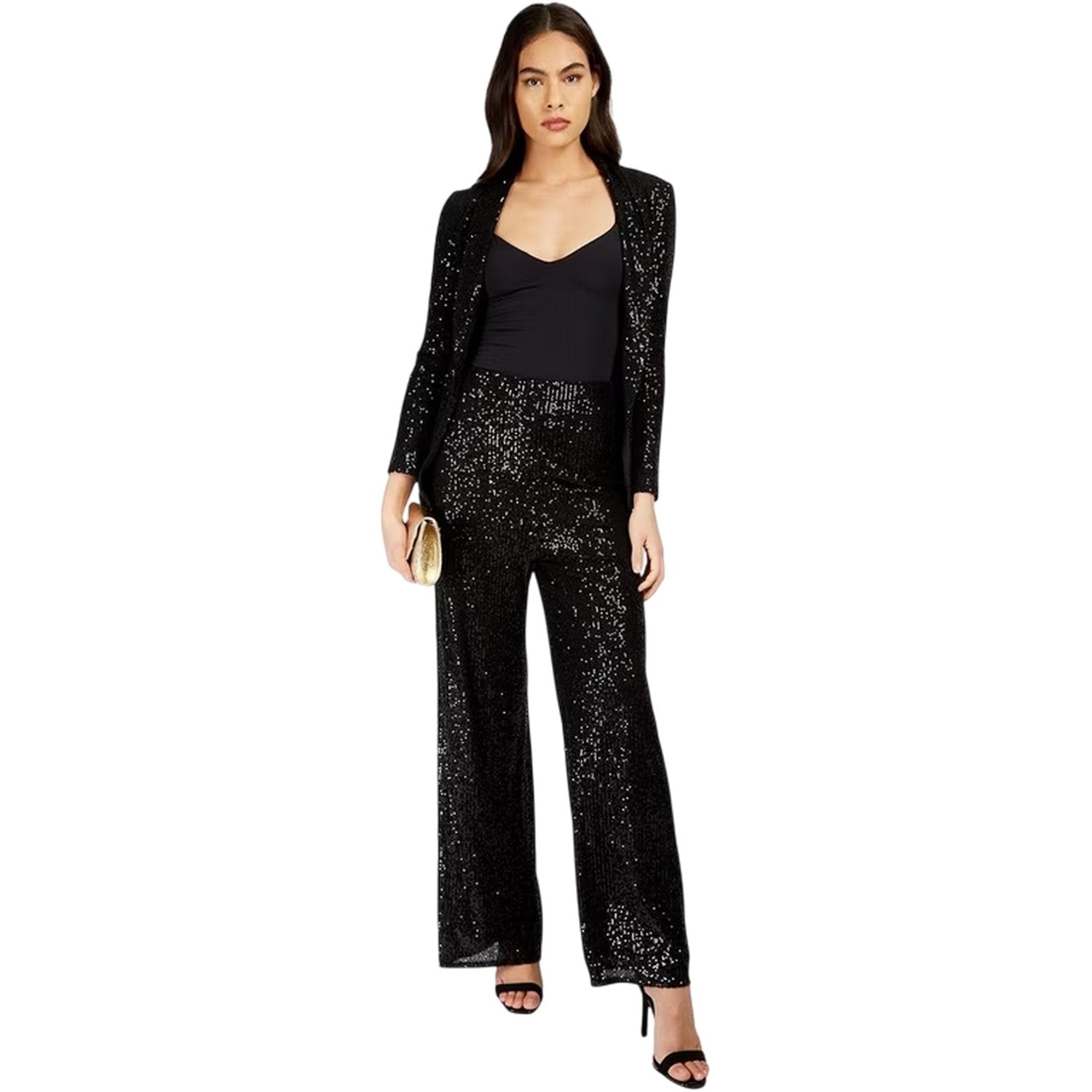 Black - Side - Little Mistress Womens-Ladies Synthetic Leather Sequin Party Trousers