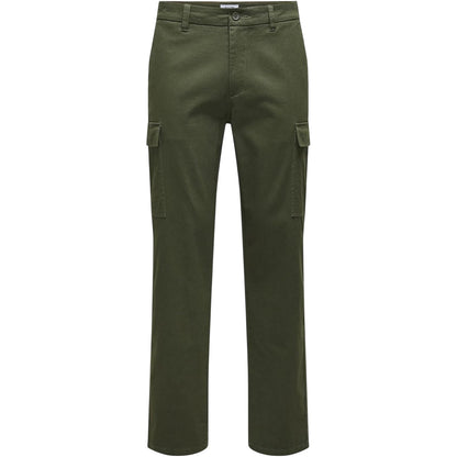 Olive Night - Front - Only Mens Plain Straight Cargo Trousers