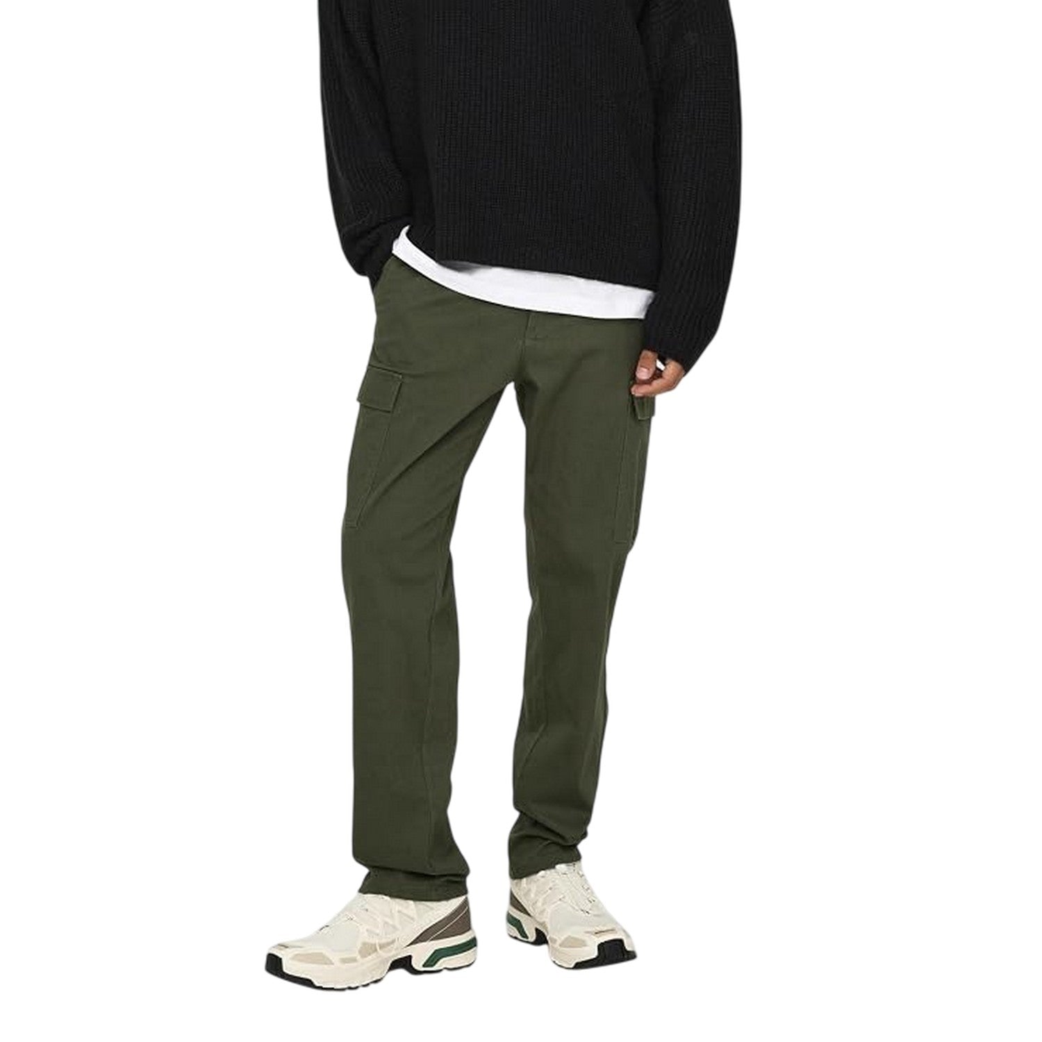 Olive Night - Side - Only Mens Plain Straight Cargo Trousers