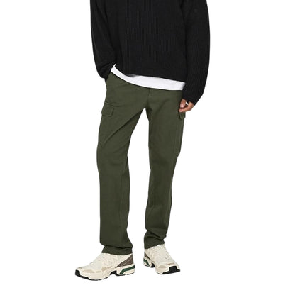 Olive Night - Side - Only Mens Plain Straight Cargo Trousers