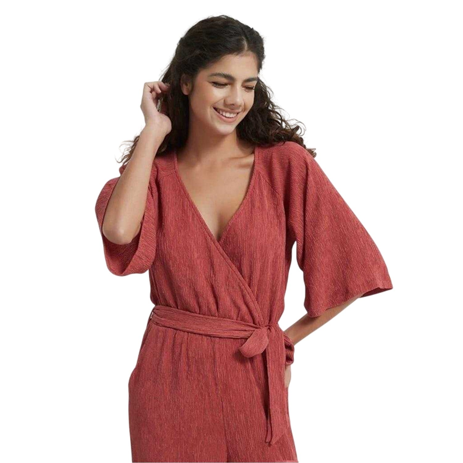 Rust - Side - Be You Womens-Ladies Crinkled V Neck Relaxed Fit 3-4 Sleeve Jumpsuit