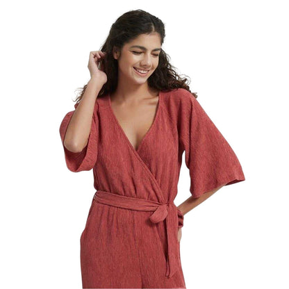 Rust - Side - Be You Womens-Ladies Crinkled V Neck Relaxed Fit 3-4 Sleeve Jumpsuit