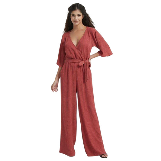 Rust - Front - Be You Womens-Ladies Crinkled V Neck Relaxed Fit 3-4 Sleeve Jumpsuit