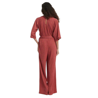 Rust - Back - Be You Womens-Ladies Crinkled V Neck Relaxed Fit 3-4 Sleeve Jumpsuit