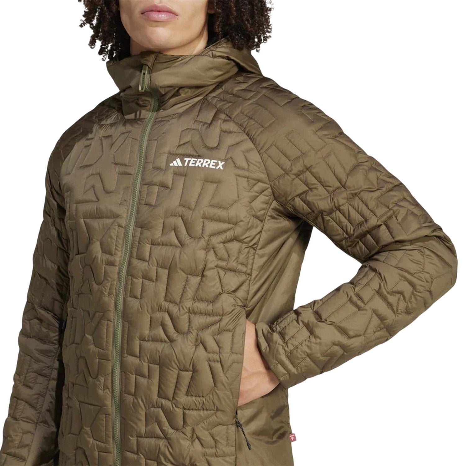 Olive Strata - Side - Adidas Mens Geometric Waterproof Puffer Jacket