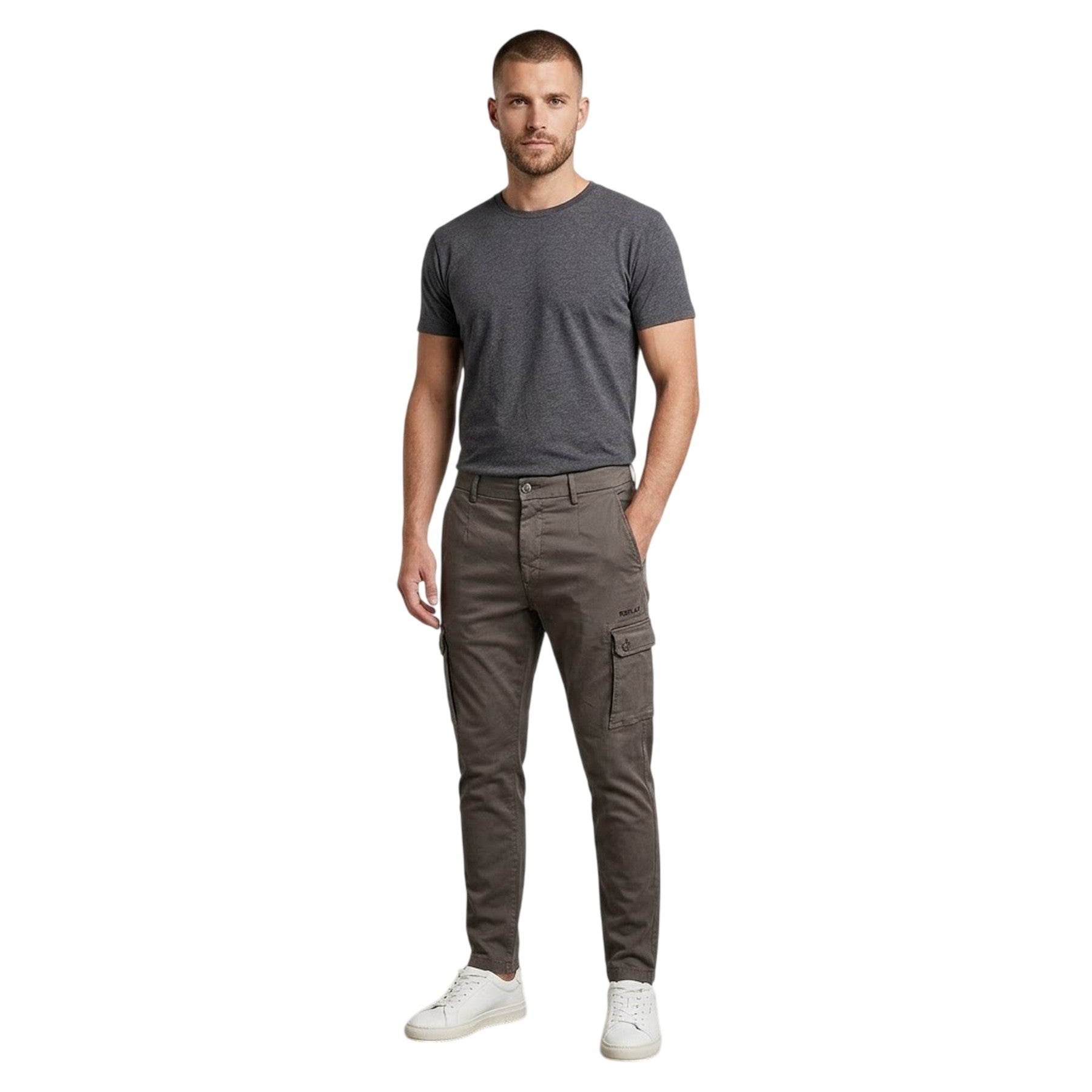 Green - Side - Replay Mens Cotton Denim Slim Cargo Trousers